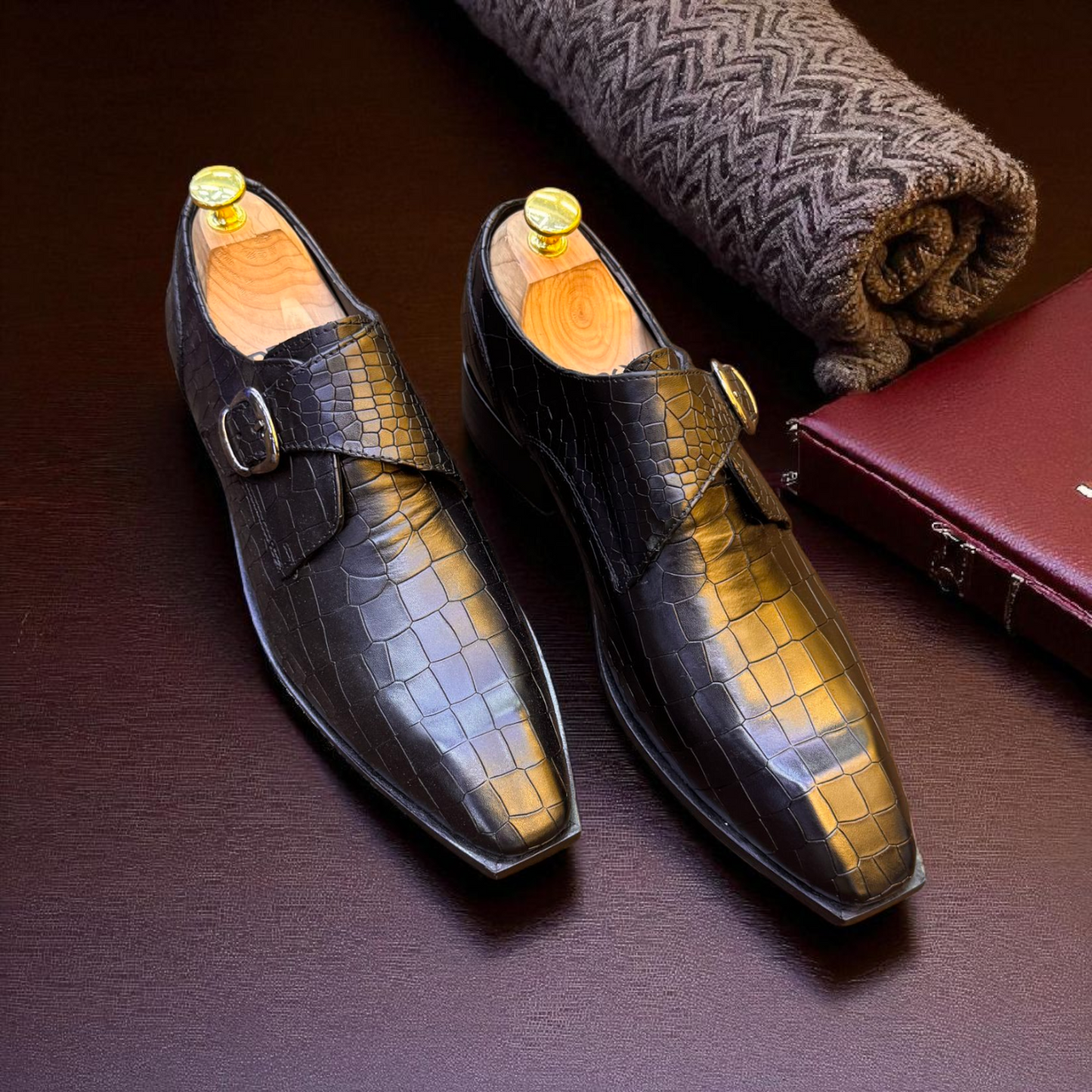 Marks London Black Single Monk Crocko Pattern