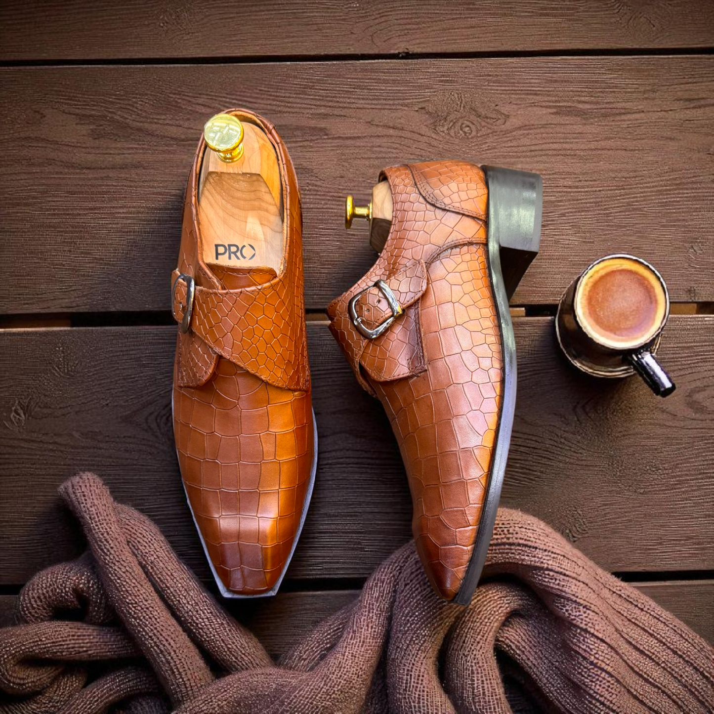 Marks London Tan Colour Single Monk Crocko Pattern