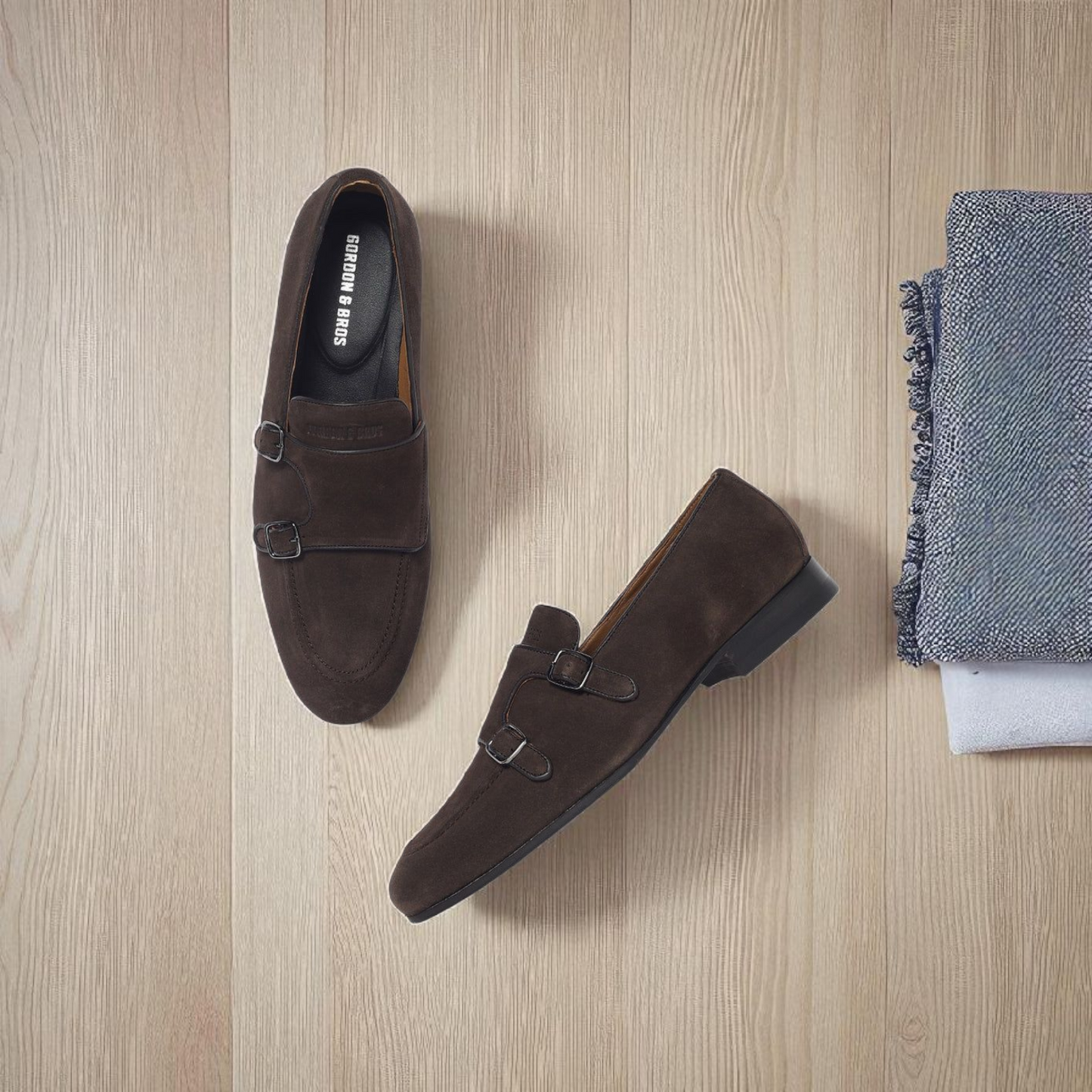 Gordon & Bros Brown Suede Double Monk Loafer Style