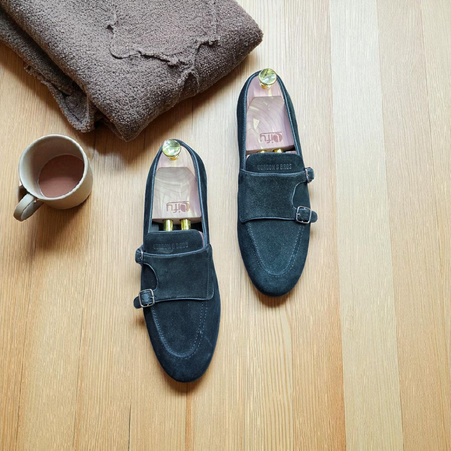 Gordon & Bros Black Suede Double Monk