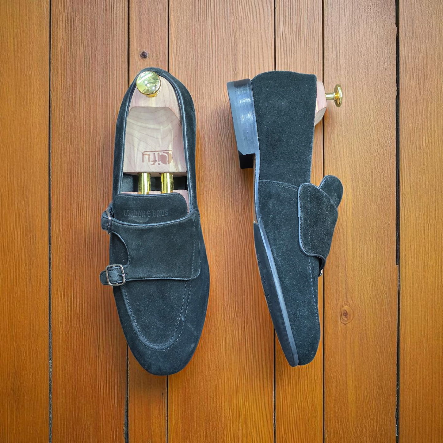 Gordon & Bros Black Suede Double Monk